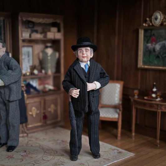 'Crumpled & Rumpled' Clay Elderly Gentleman Doll in Black Pinstripe Suit with Bowler Hat, Tie & Umbrella