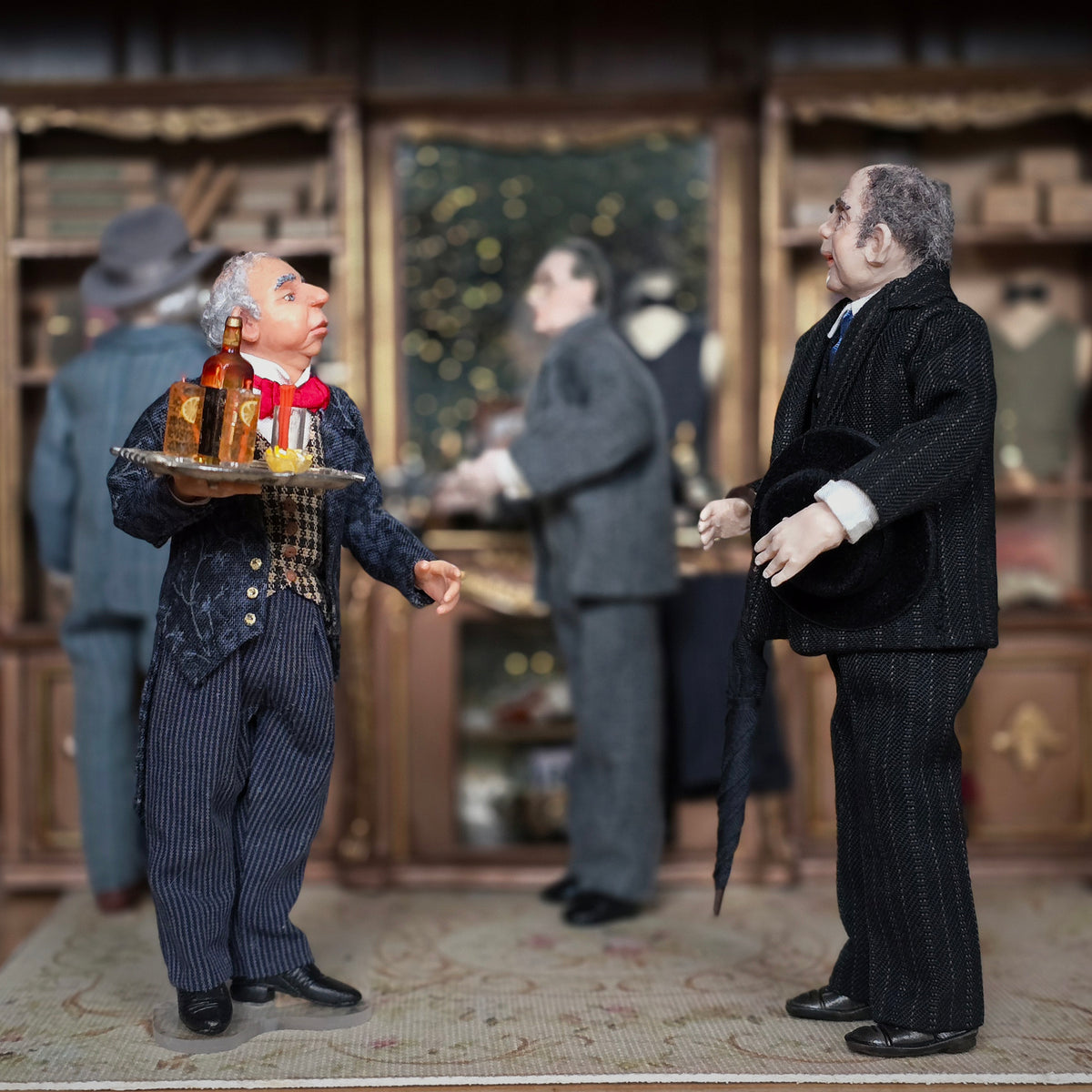 Artisan Clay Elderly Gentleman Doll in Black Pinstripe Suit with Bowler Hat, Tie & Umbrella