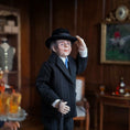 Load image into Gallery viewer, Artisan Clay Elderly Gentleman Doll in Black Pinstripe Suit with Bowler Hat, Tie & Umbrella
