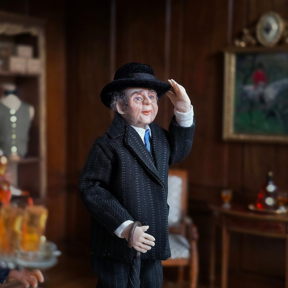 Artisan Clay Elderly Gentleman Doll in Black Pinstripe Suit with Bowler Hat, Tie & Umbrella