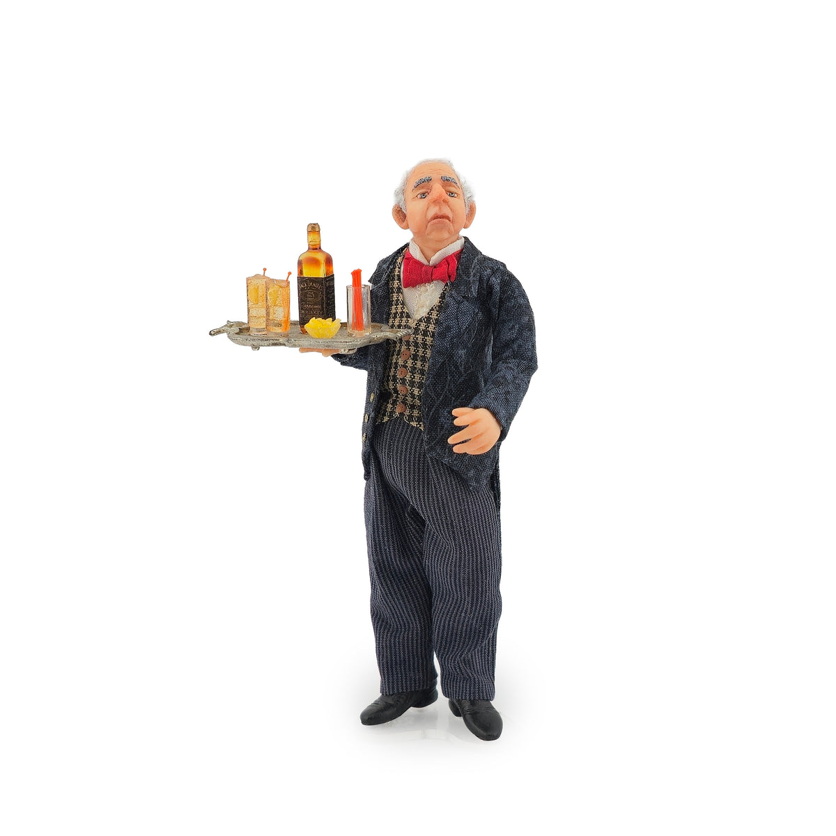 OOAK Clay Butler Doll with English-Made Cocktail Tray, Pinstripe Suit & Red Bow Tie