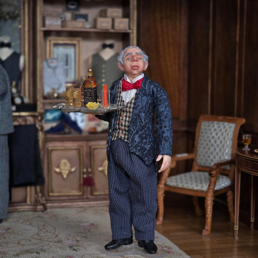 OOAK Clay Butler Doll with English-Made Cocktail Tray, Pinstripe Suit & Red Bow Tie