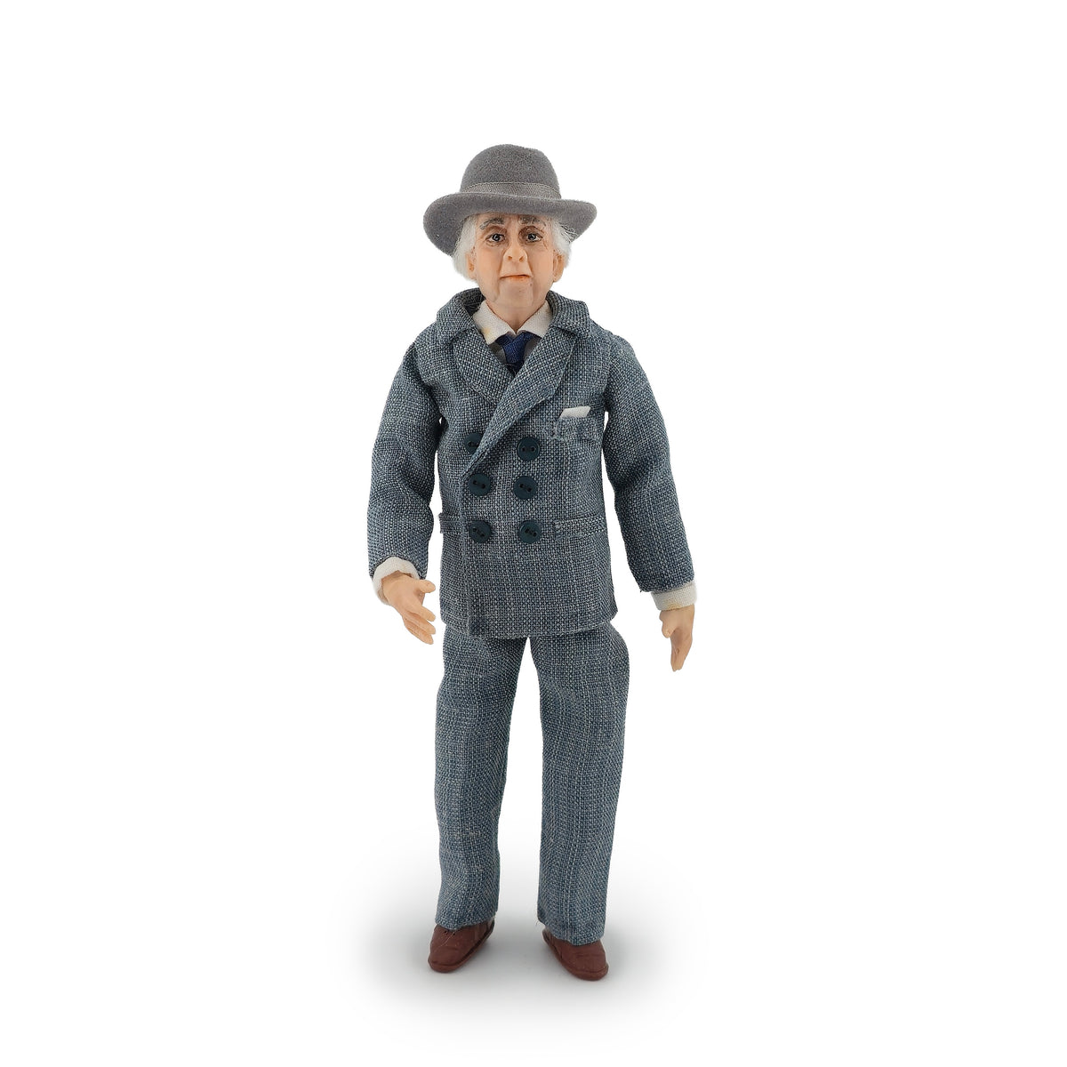 Clay Gentleman Doll in Grey Double-Breasted Wool Suit with Hat, Blue Tie & Pocket Square