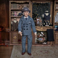 Load image into Gallery viewer, Clay Gentleman Doll in Grey Double-Breasted Wool Suit with Hat, Blue Tie & Pocket Square
