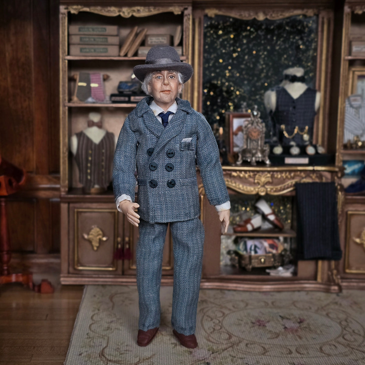 Clay Gentleman Doll in Grey Double-Breasted Wool Suit with Hat, Blue Tie & Pocket Square