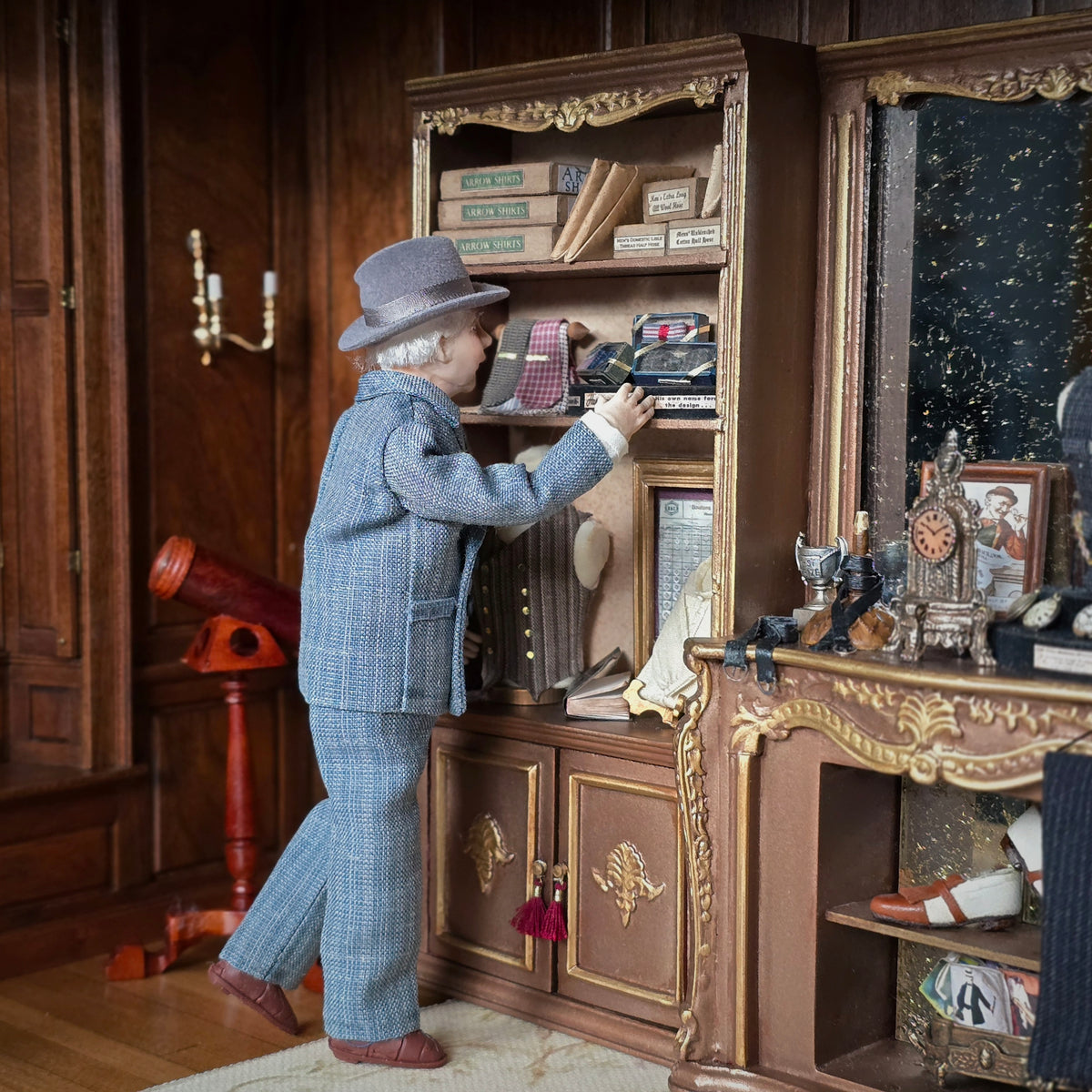 Clay Gentleman Doll in Grey Double-Breasted Wool Suit with Hat, Blue Tie & Pocket Square