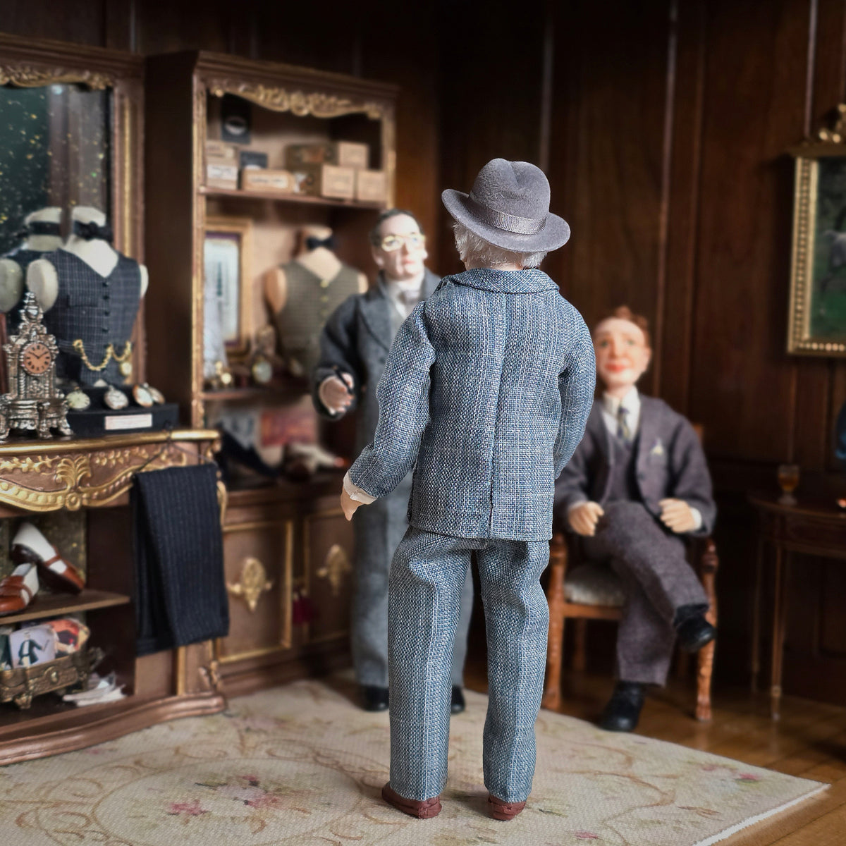 Clay Gentleman Doll in Grey Double-Breasted Wool Suit with Hat, Blue Tie & Pocket Square