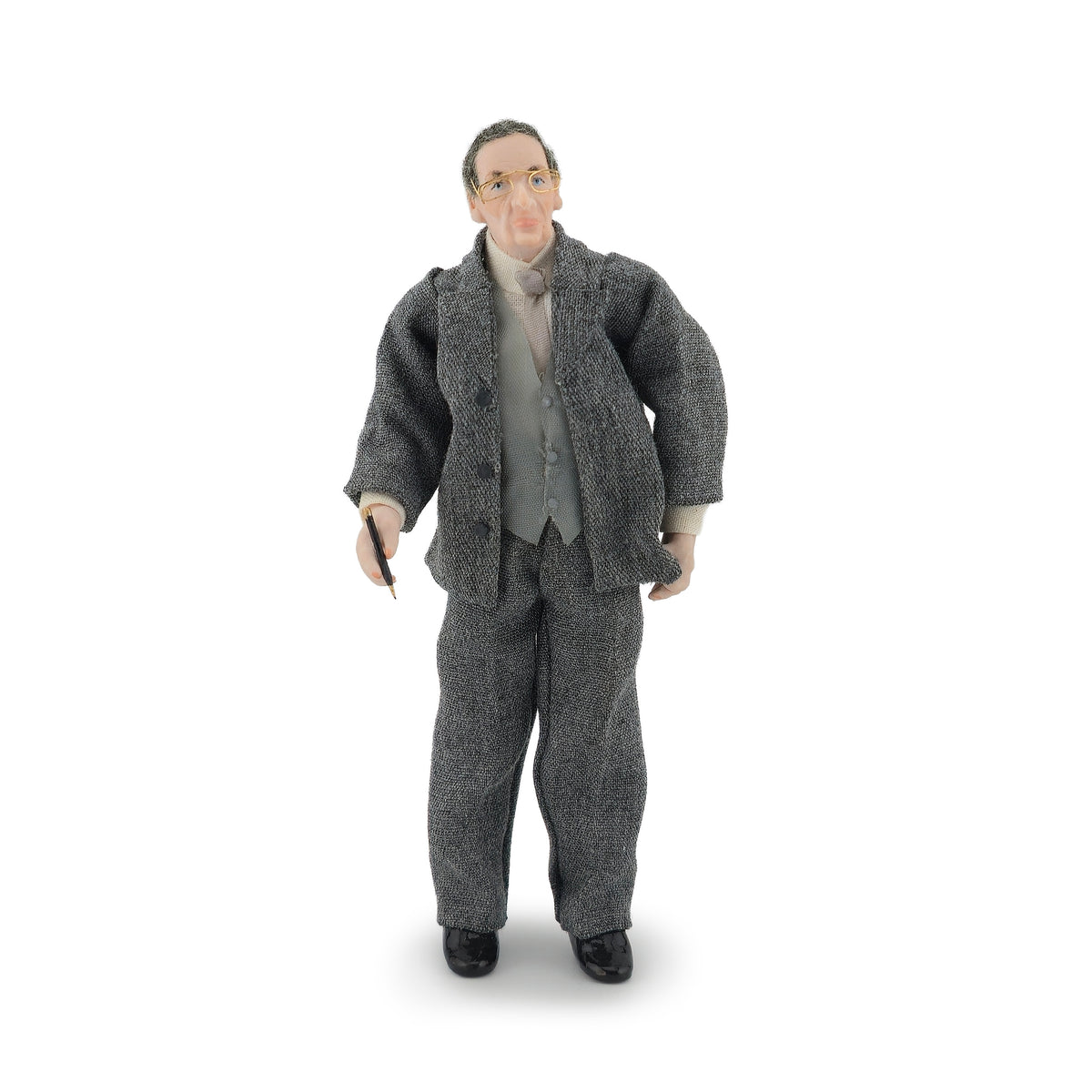 Porcelain Gentleman Doll in Charcoal Wool Tweed Suit with Gold Glasses & Fountain Pen