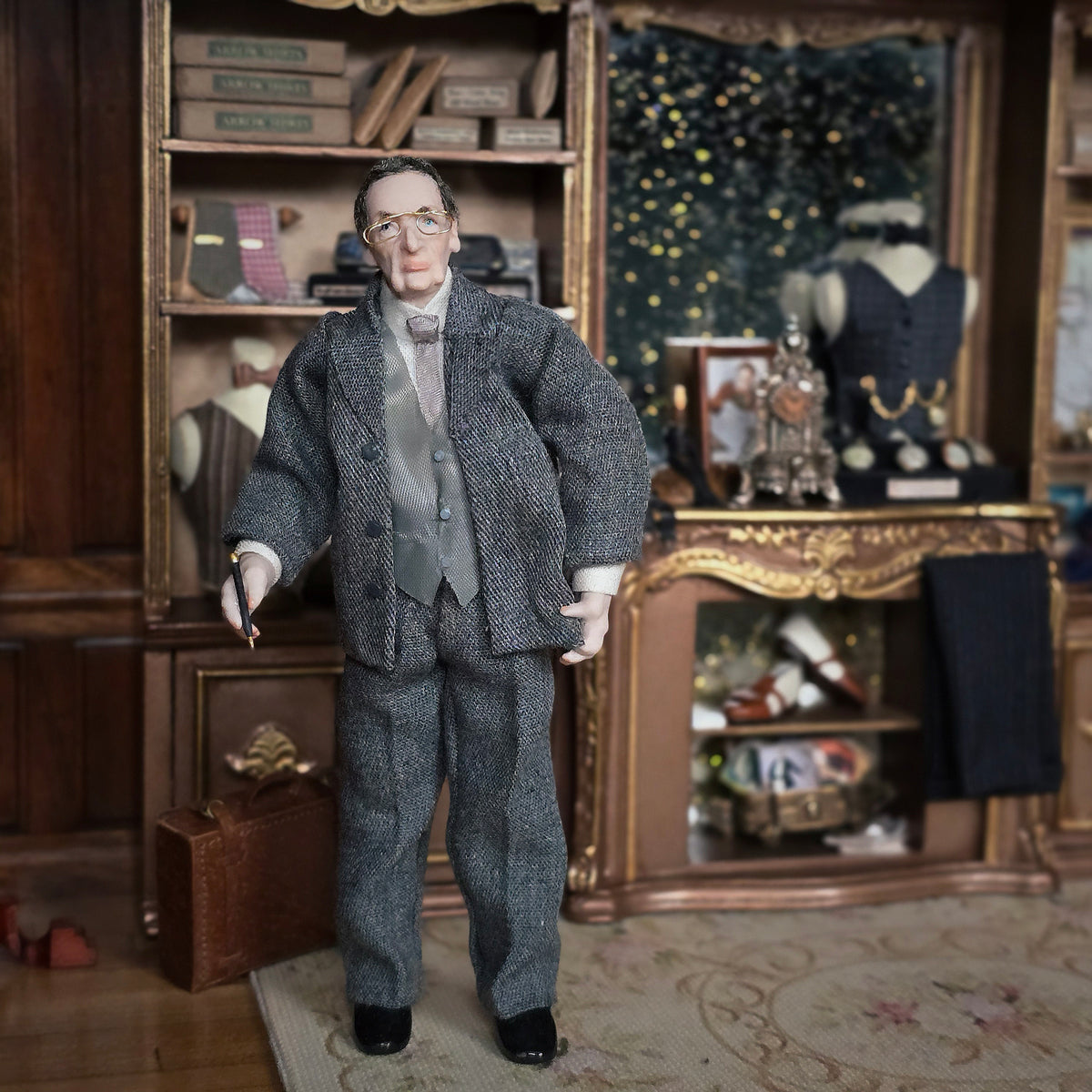 Porcelain Gentleman Doll in Charcoal Wool Tweed Suit with Gold Glasses & Fountain Pen