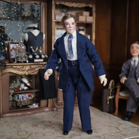 OOAK 1:12 Porcelain Young Gentleman Doll in Navy Blue Suit with Patterned Tie