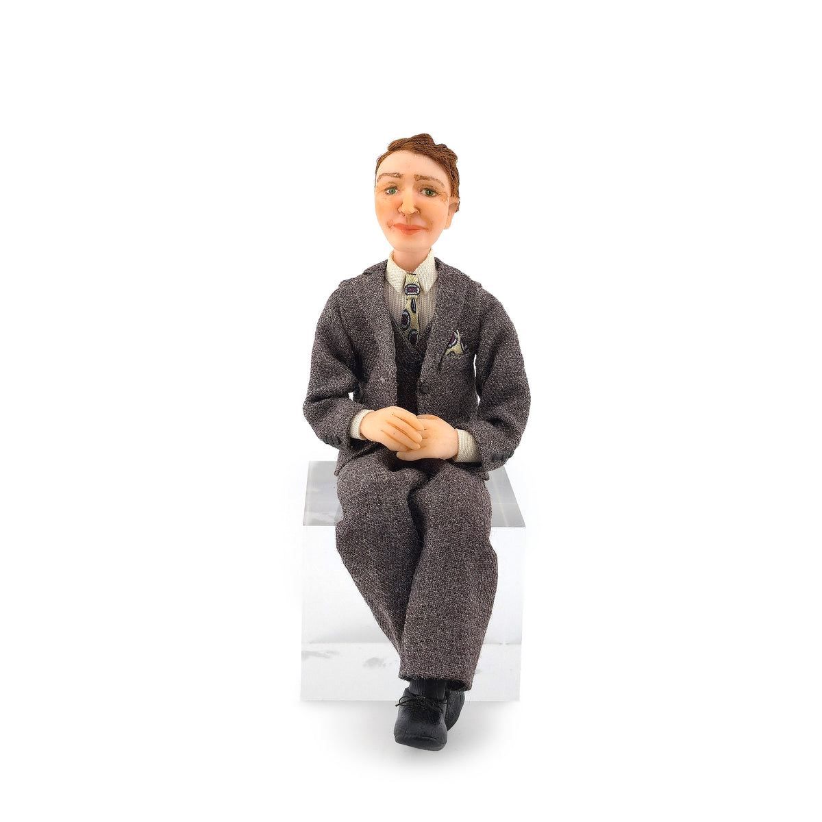 Clay 1920s Gentleman Doll in Charcoal Tweed Three-Piece Suit Seated Pose