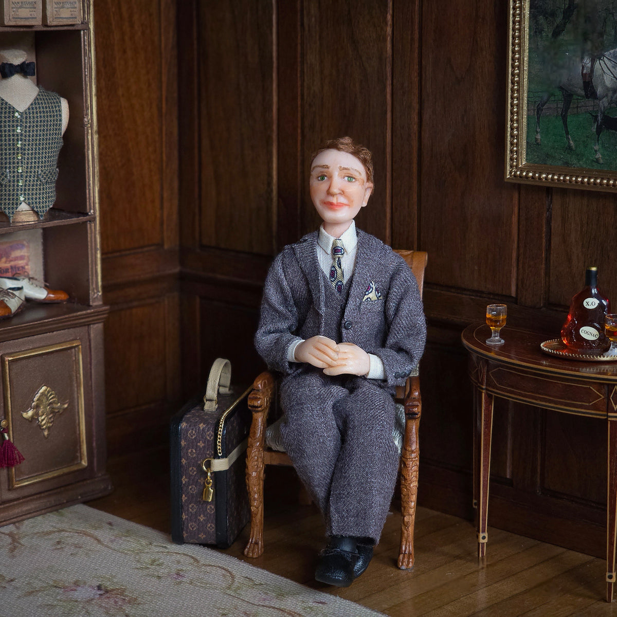 Clay 1920s Gentleman Doll in Charcoal Tweed Three-Piece Suit Seated Pose
