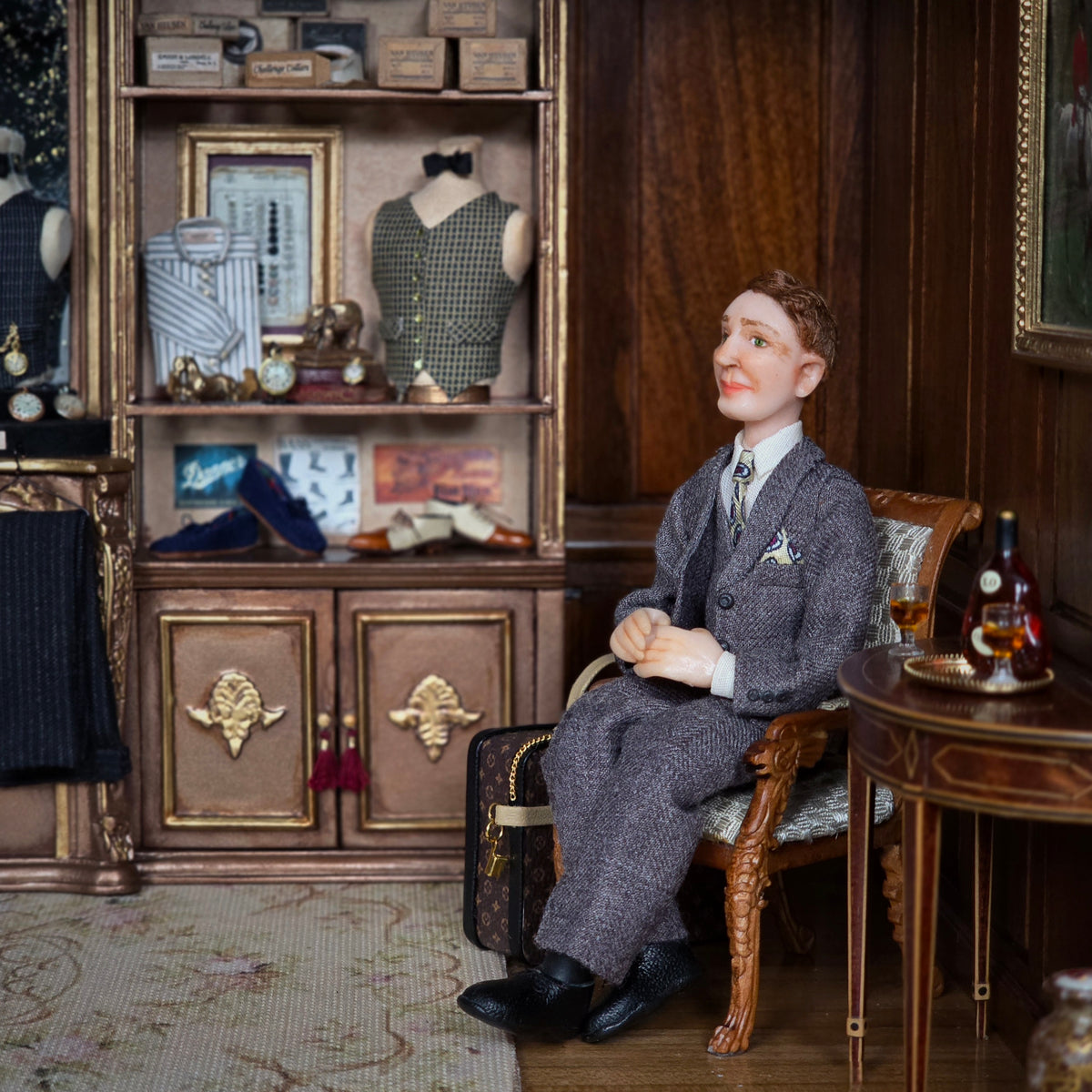 Clay 1920s Gentleman Doll in Charcoal Tweed Three-Piece Suit Seated Pose