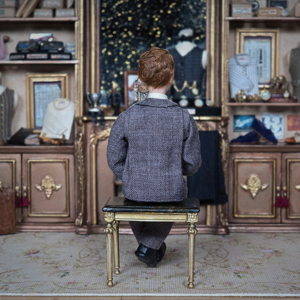 Clay 1920s Gentleman Doll in Charcoal Tweed Three-Piece Suit Seated Pose