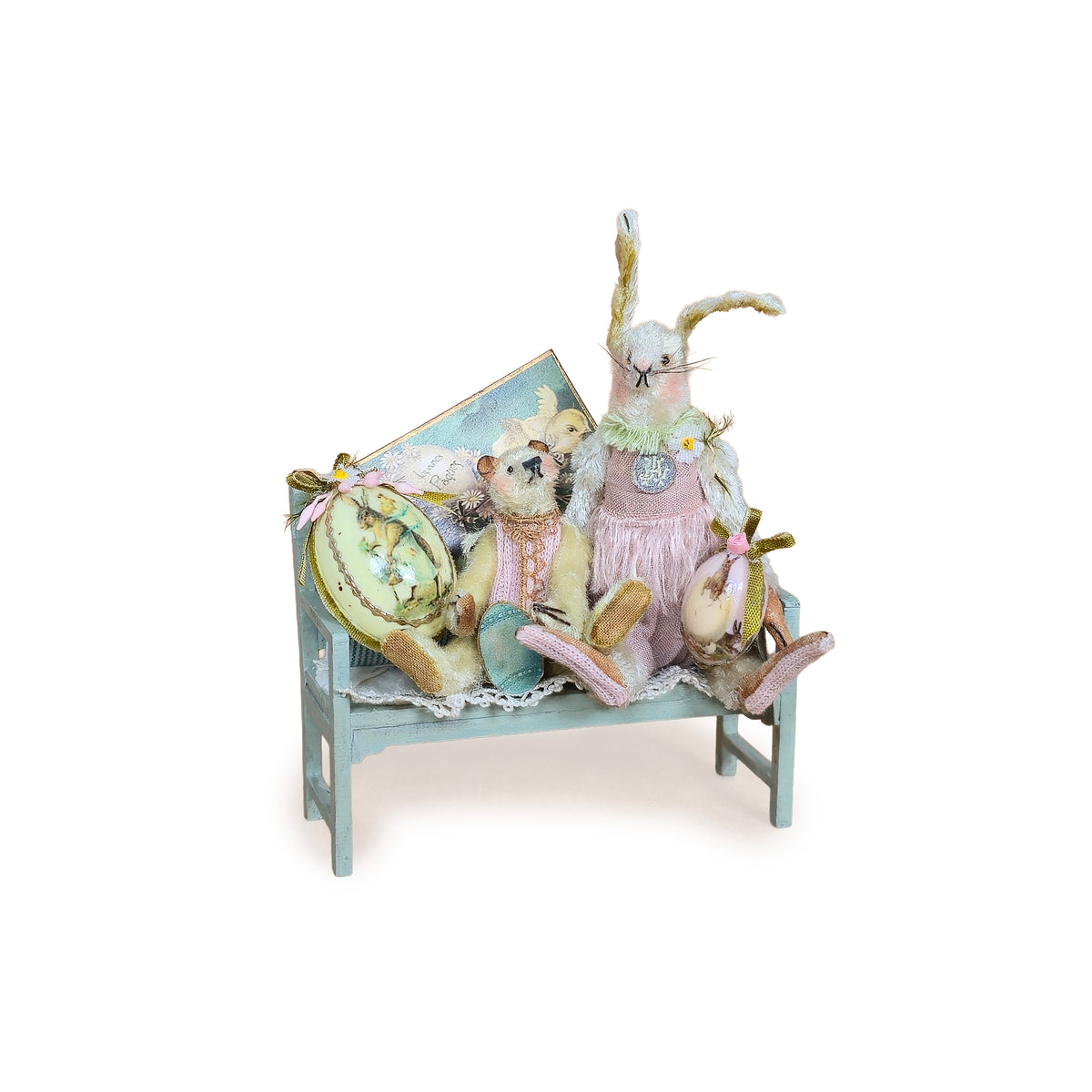 Marie-Pierre Gratias MP Creations Bunny & Teddy Bear Bench Easter Eggs French Vignette