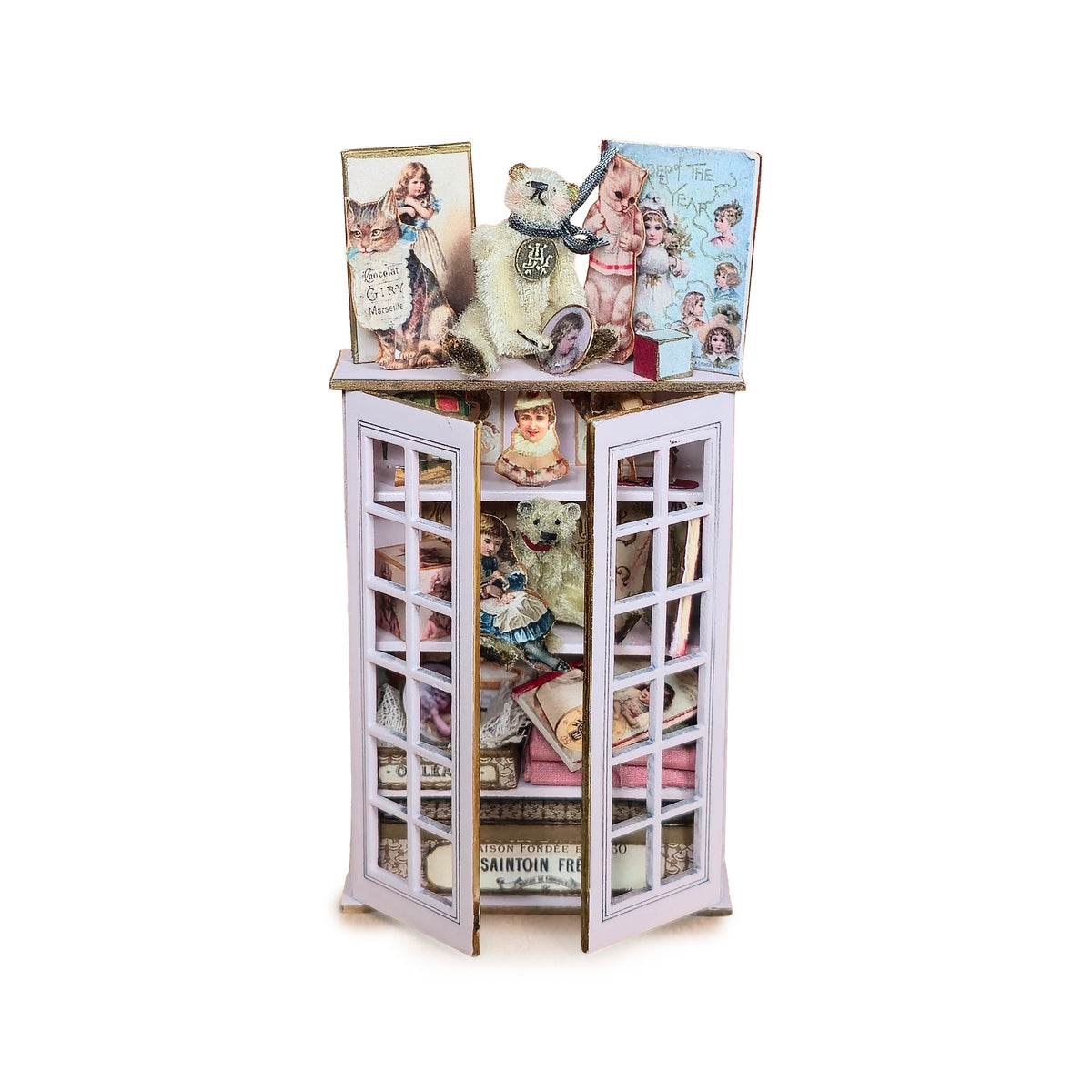 Marie-Pierre Gratias MP Creations Pink Display Cabinet Vignette Teddy Bear, Doll, Hatboxes