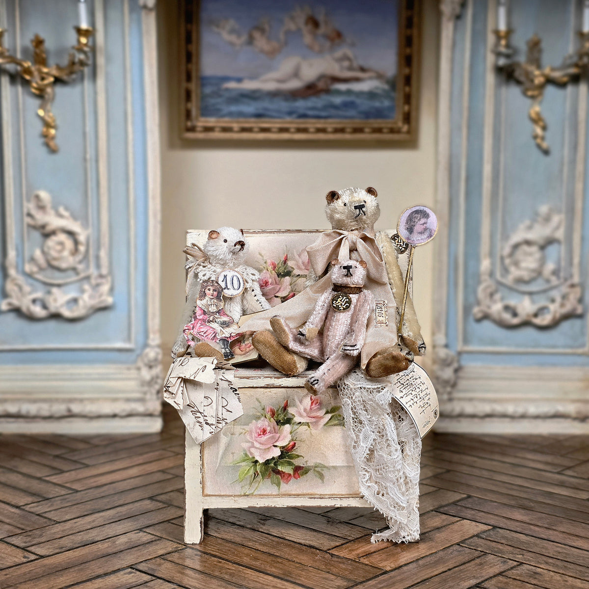 Marie-Pierre Gratias MP Creations THREE French Teddy Bear Vignette Rose-Painted Chest, Lace & Ephemera