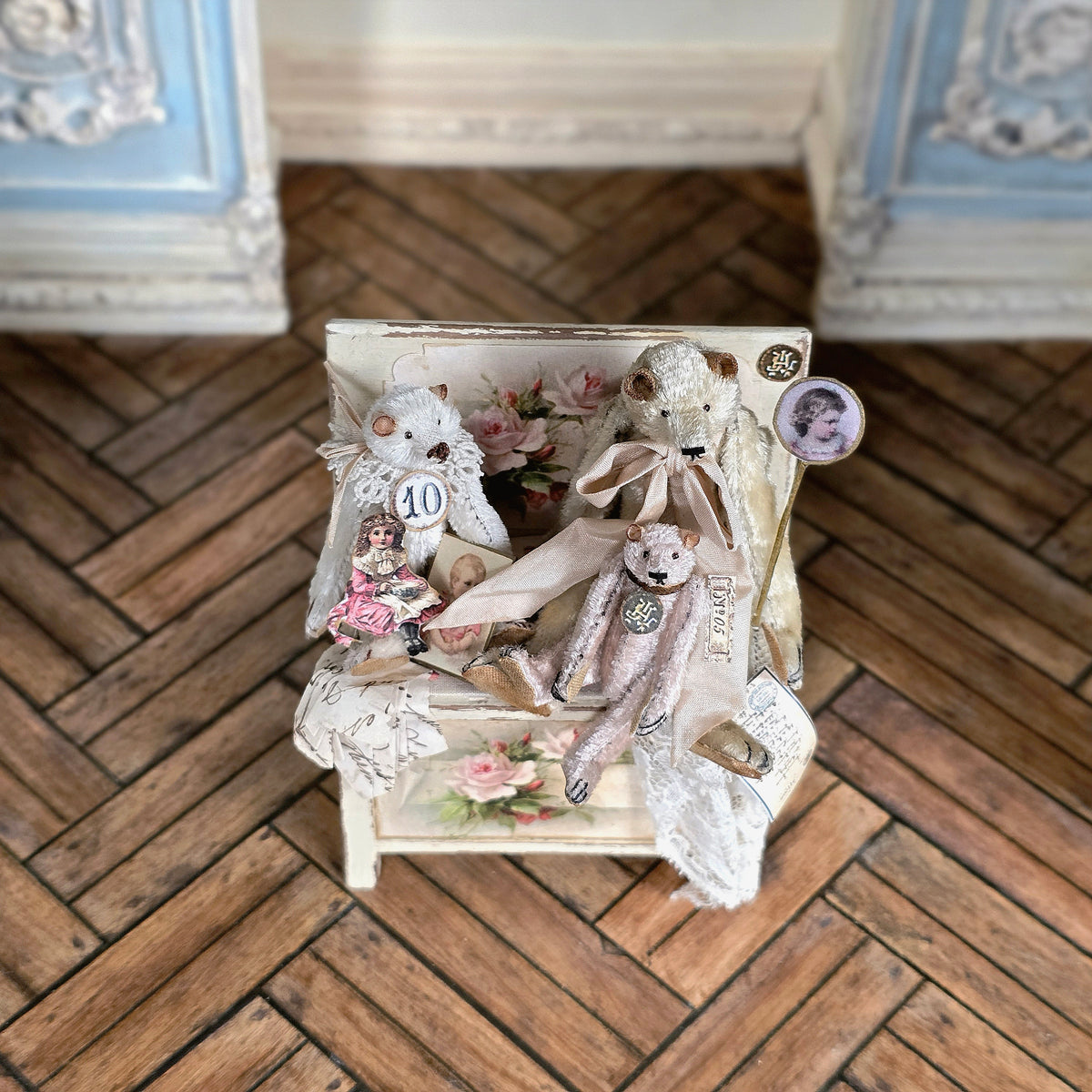 Marie-Pierre Gratias MP Creations THREE French Teddy Bear Vignette Rose-Painted Chest, Lace & Ephemera
