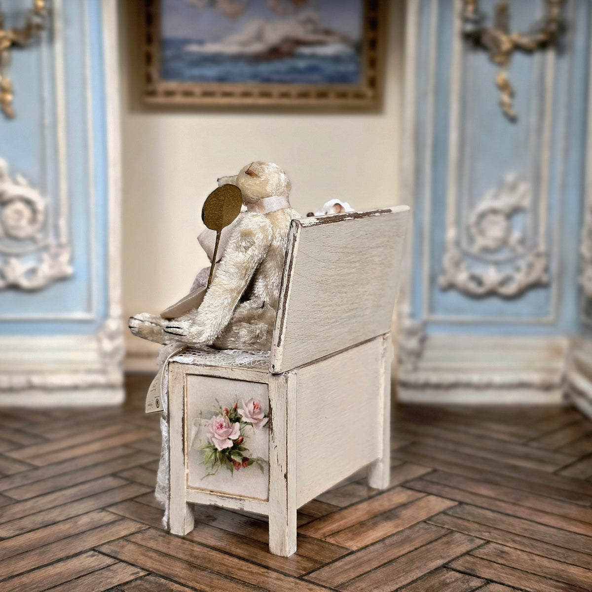 Marie-Pierre Gratias MP Creations THREE French Teddy Bear Vignette Rose-Painted Chest, Lace & Ephemera