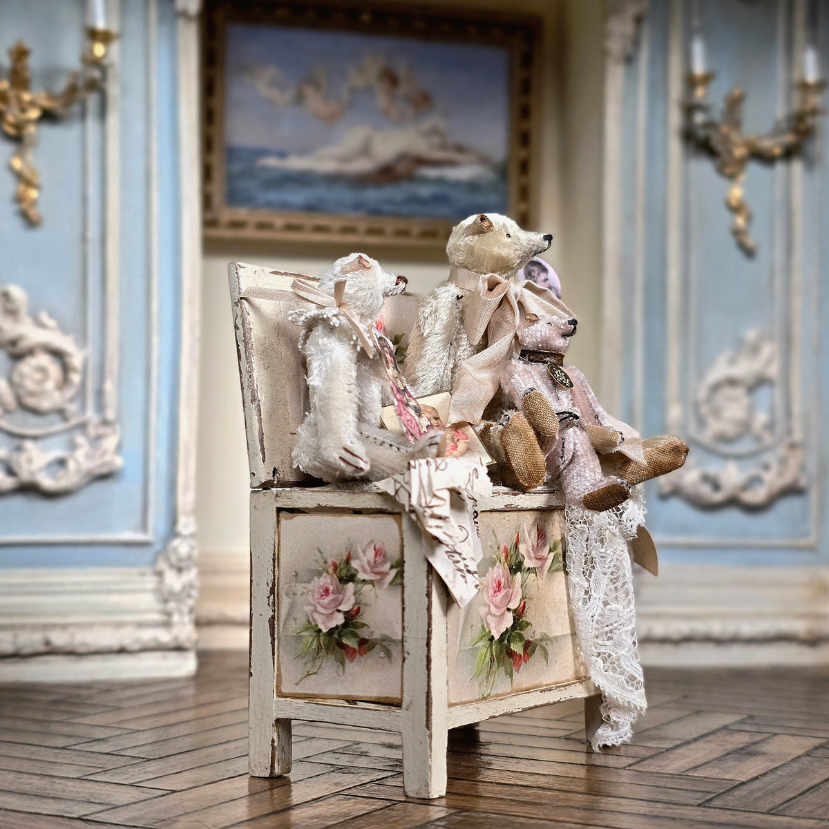 Marie-Pierre Gratias MP Creations THREE French Teddy Bear Vignette Rose-Painted Chest, Lace & Ephemera