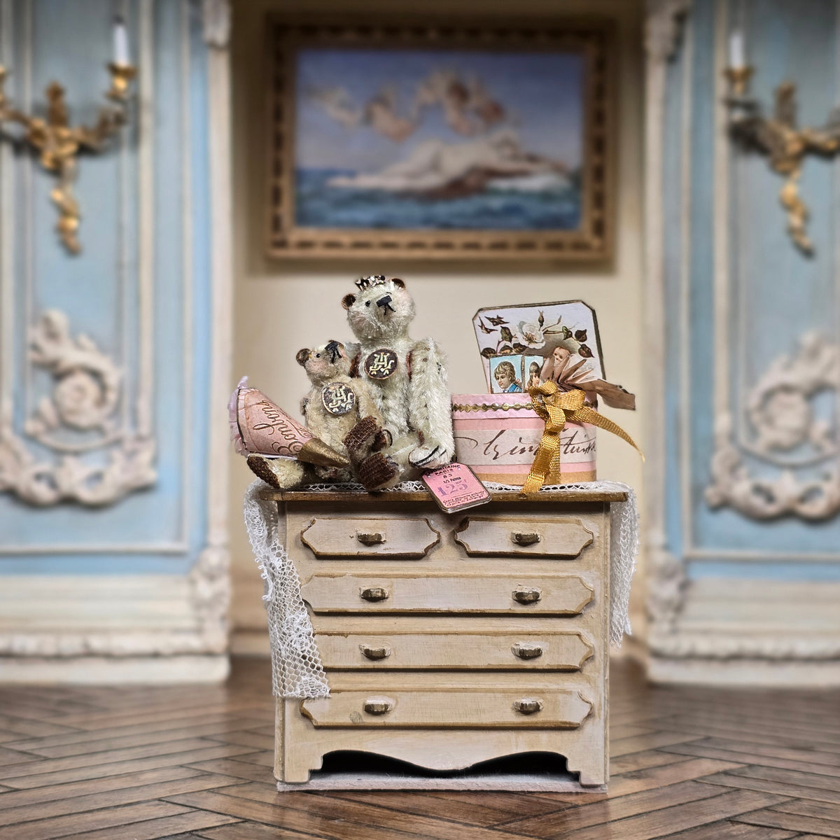 Marie-Pierre Gratias MP Creations Dresser Vignette Teddy Bears, Hatbox & Ephemera