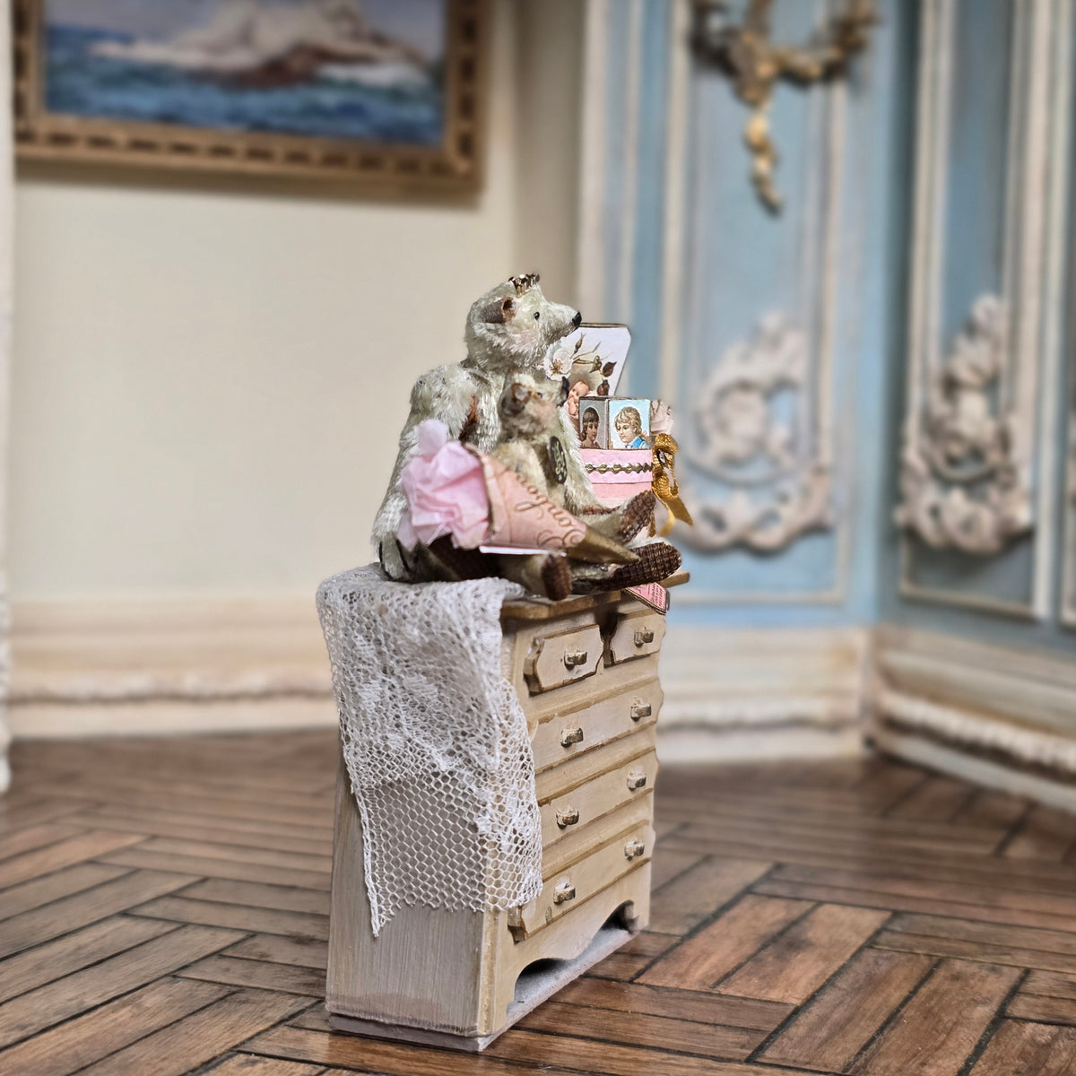 Marie-Pierre Gratias MP Creations Dresser Vignette Teddy Bears, Hatbox & Ephemera