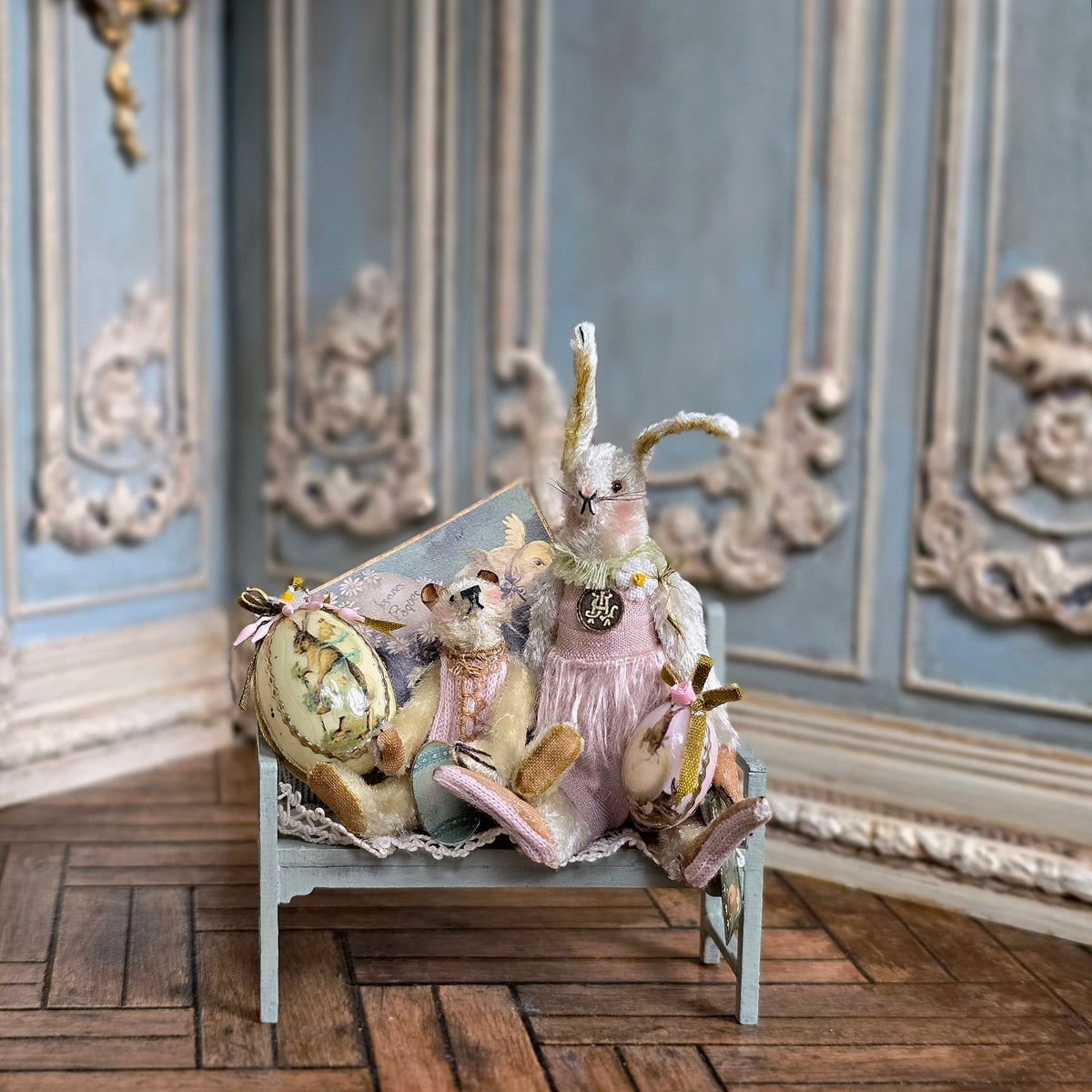 Marie-Pierre Gratias MP Creations Bunny & Teddy Bear Bench Easter Eggs French Vignette