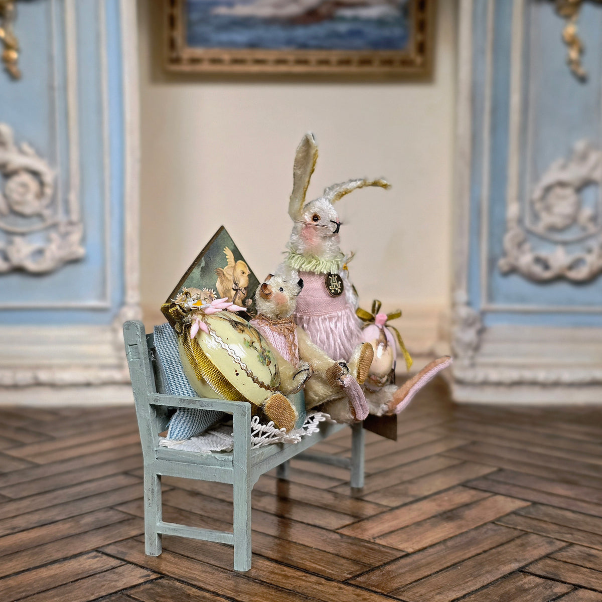 Marie-Pierre Gratias MP Creations Bunny & Teddy Bear Bench Easter Eggs French Vignette