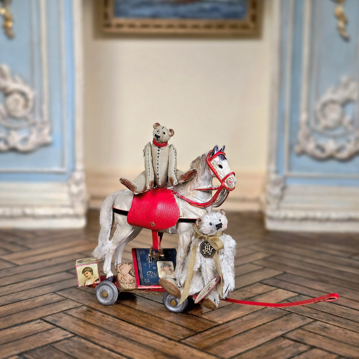 Marie-Pierre Gratias Pull Toy Horse Vignette with Teddy Bears, Saddle, Toys & Book