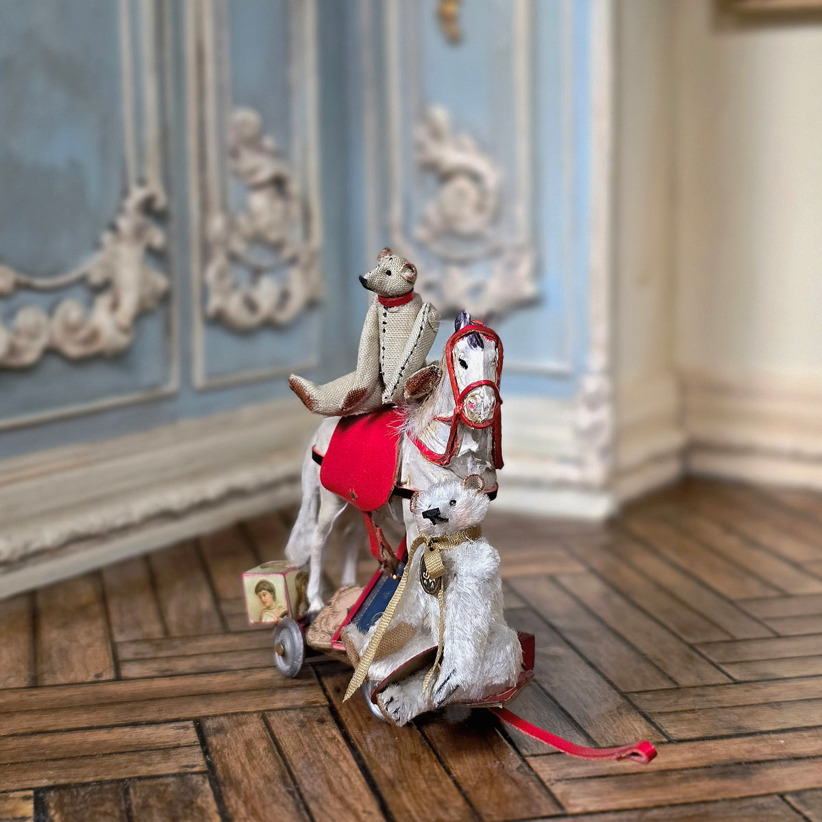 Marie-Pierre Gratias Pull Toy Horse Vignette with Teddy Bears, Saddle, Toys & Book