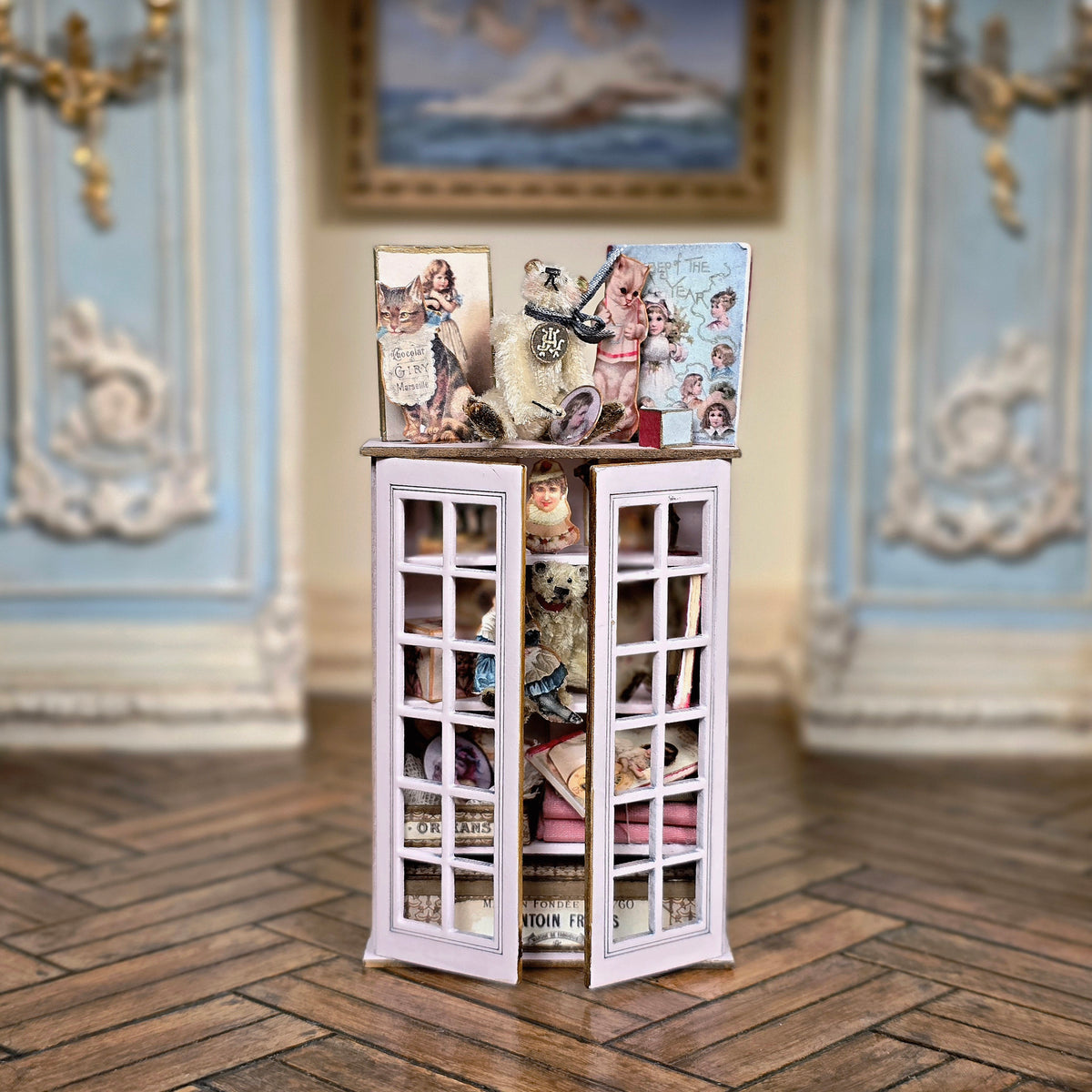 Marie-Pierre Gratias MP Creations Pink Display Cabinet Vignette Teddy Bear, Doll, Hatboxes
