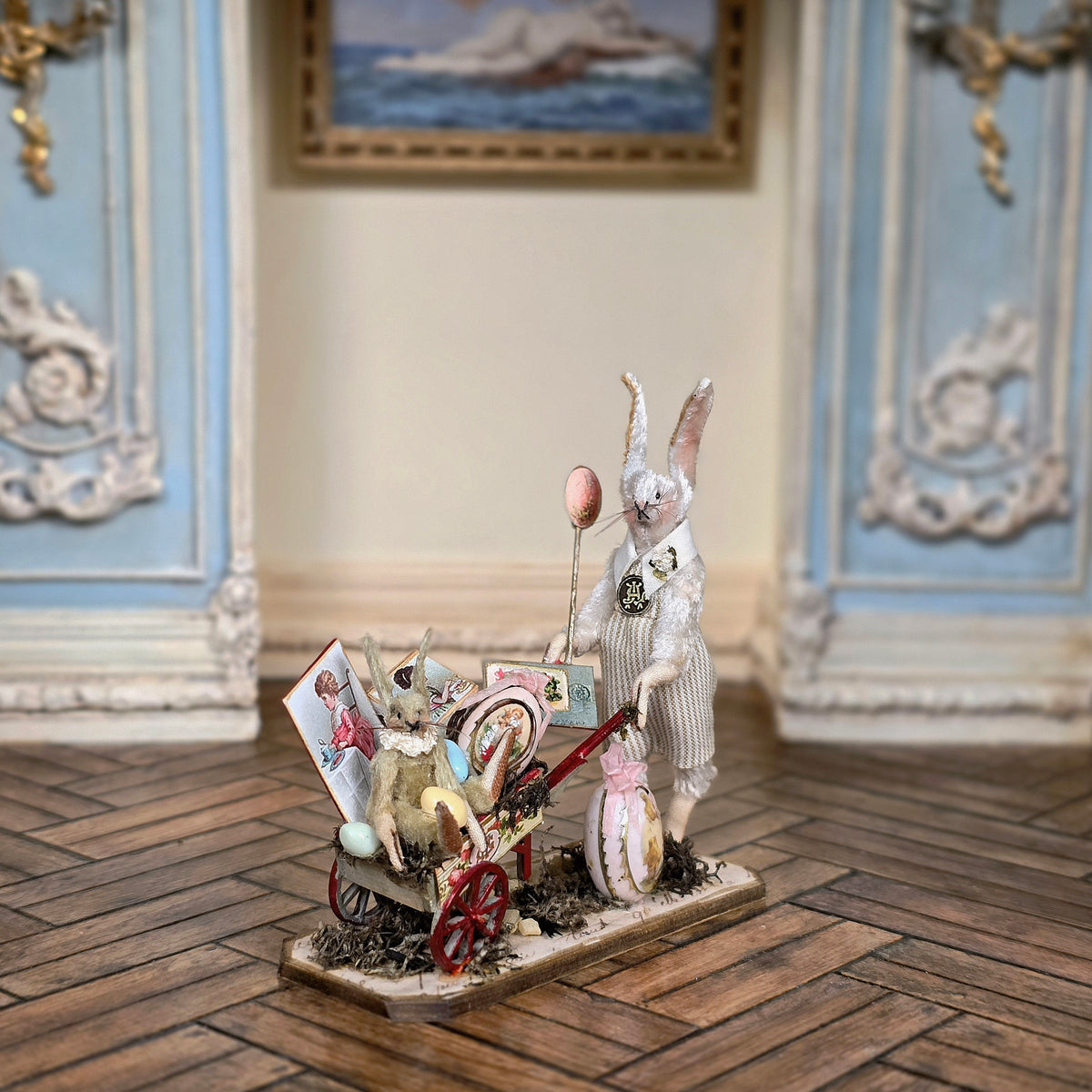 Marie-Pierre Gratias MP Creations Easter Rabbit Garden Cart Vignette Wheelbarrow, Egg & Ephemera