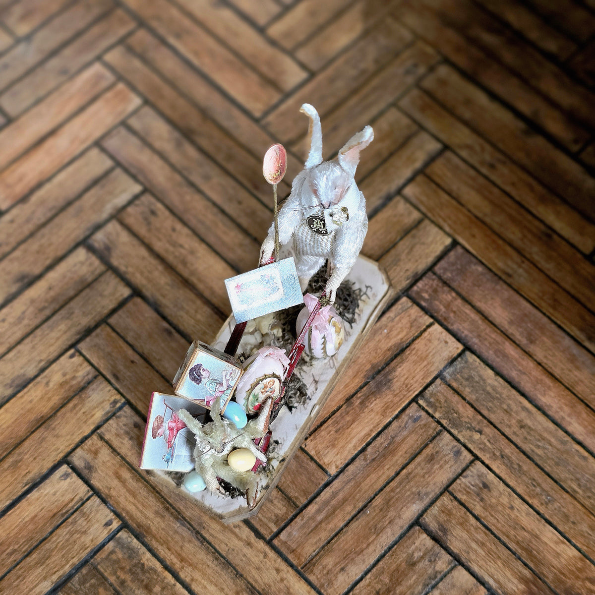 Marie-Pierre Gratias MP Creations Easter Rabbit Garden Cart Vignette Wheelbarrow, Egg & Ephemera