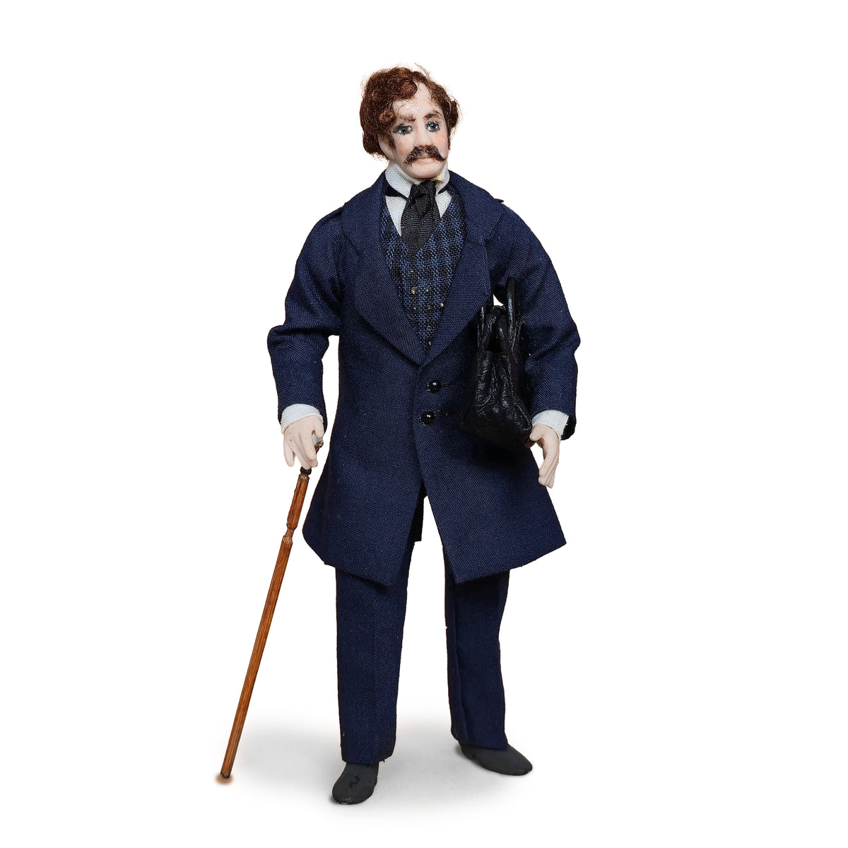 Sculpted Porcelain Gentleman Doll in Navy Frock Coat with Wood Cane & Leather Bag