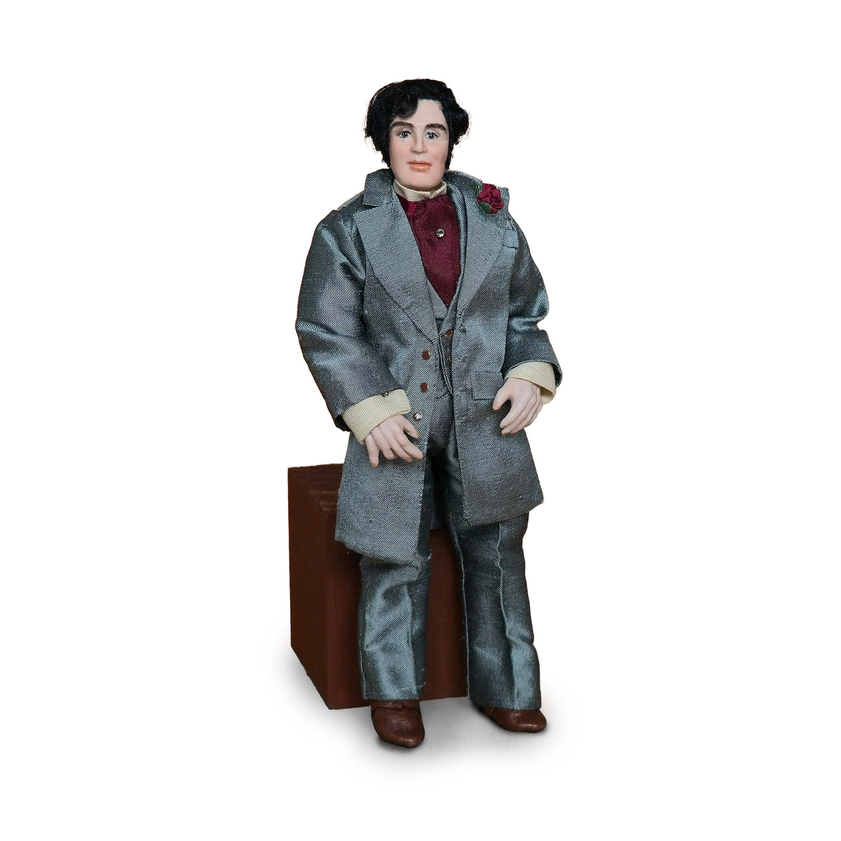 Deville Dolls 1:12 Porcelain Gentleman Doll in Great Silver Silk Suit & Rose Boutonniere