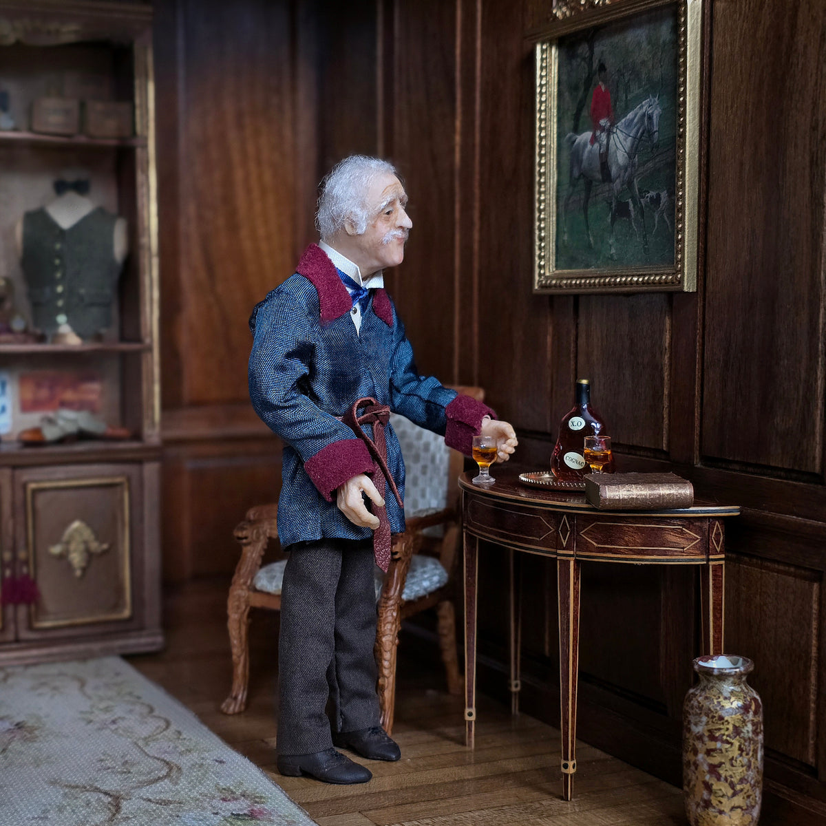RESERVED for Kathryn Yuna Maria Jesus Chaparro Clay Elderly Man Doll in Smoking Jacket & Bow Tie