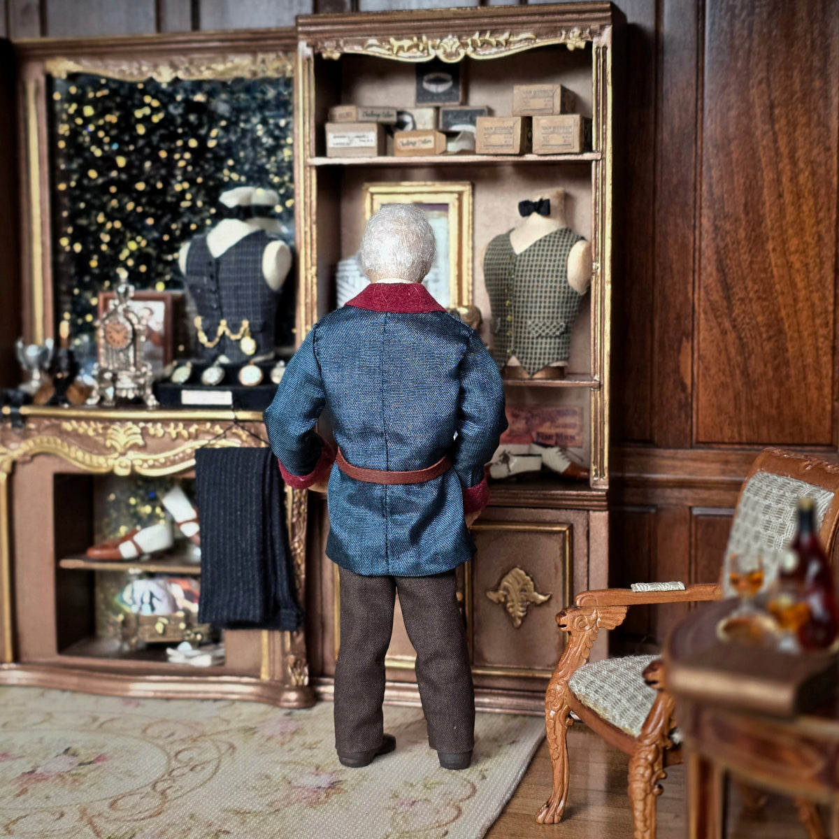 RESERVED for Kathryn Yuna Maria Jesus Chaparro Clay Elderly Man Doll in Smoking Jacket & Bow Tie