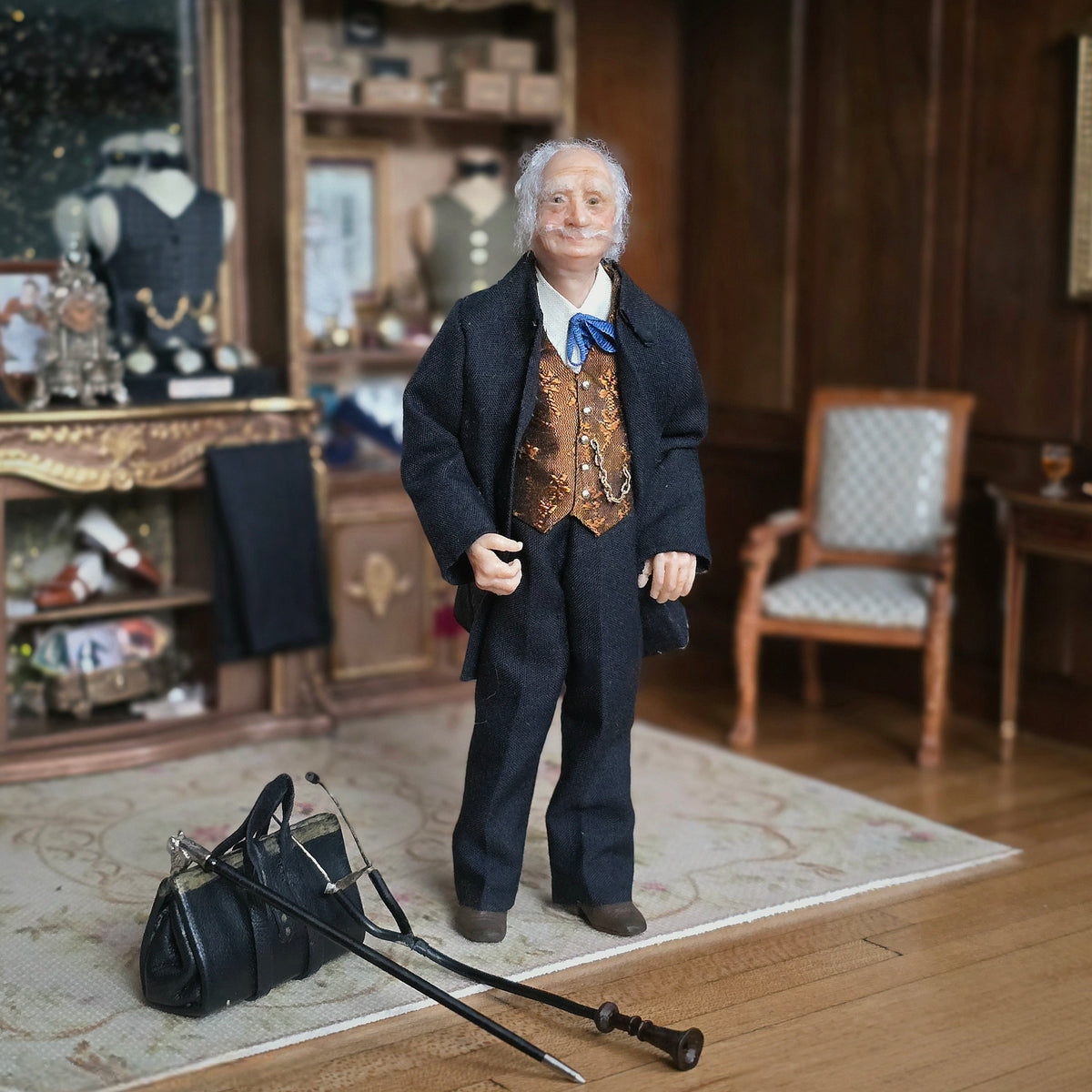 RESERVED for Kathryn Yuna Maria Jesus Chaparro Clay Doctor Doll, Stethoscope, Bag & Cane
