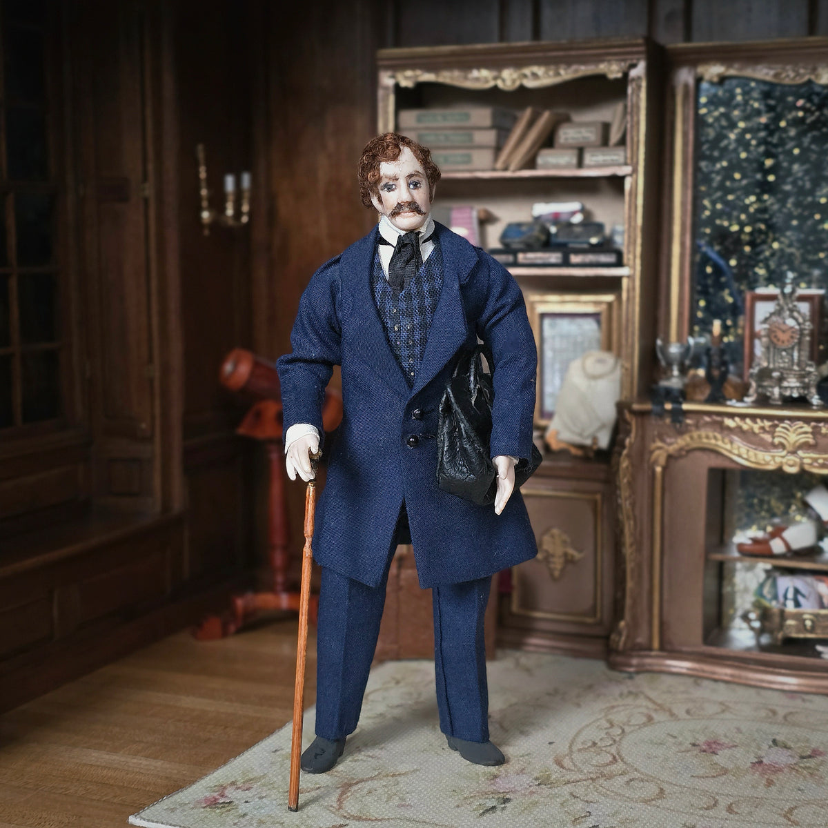 Sculpted Porcelain Gentleman Doll in Navy Frock Coat with Wood Cane & Leather Bag
