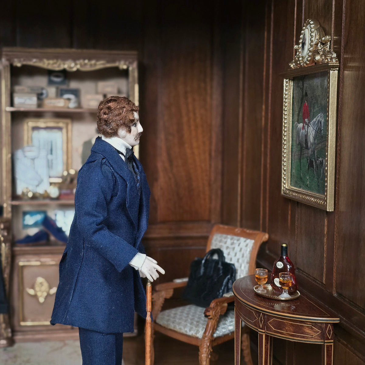 Sculpted Porcelain Gentleman Doll in Navy Frock Coat with Wood Cane & Leather Bag