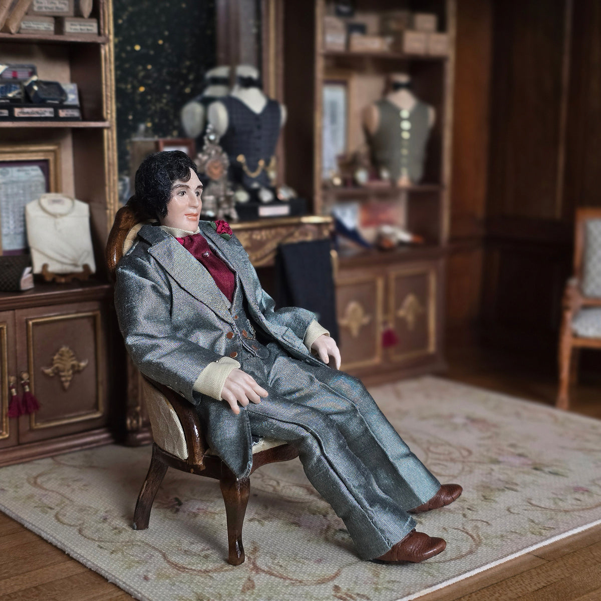 Deville Dolls 1:12 Porcelain Gentleman Doll in Great Silver Silk Suit & Rose Boutonniere