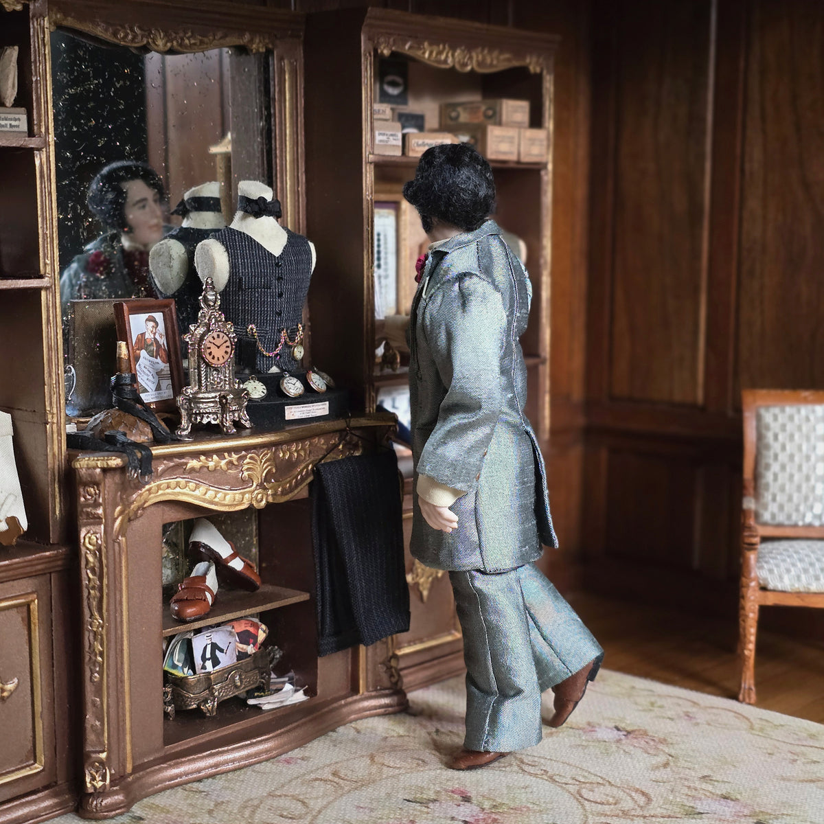 Deville Dolls 1:12 Porcelain Gentleman Doll in Great Silver Silk Suit & Rose Boutonniere