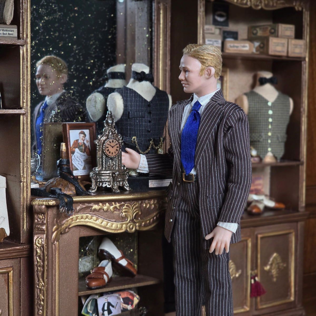 RESERVED for Kathryn Yuna Lilli’s Littles 1:12 Porcelain 1920s Gentleman Doll in Brown Pinstripe Suit