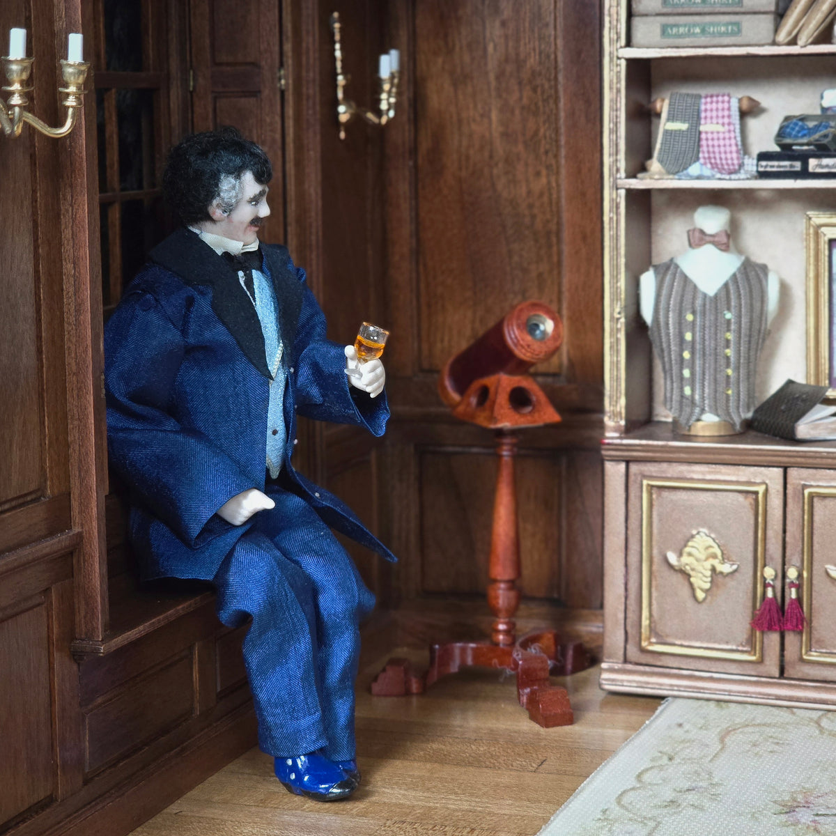 Porcelain Victorian Gentleman Doll in Deep Navy Frock Coat with Velvet Vest & Silk Tie