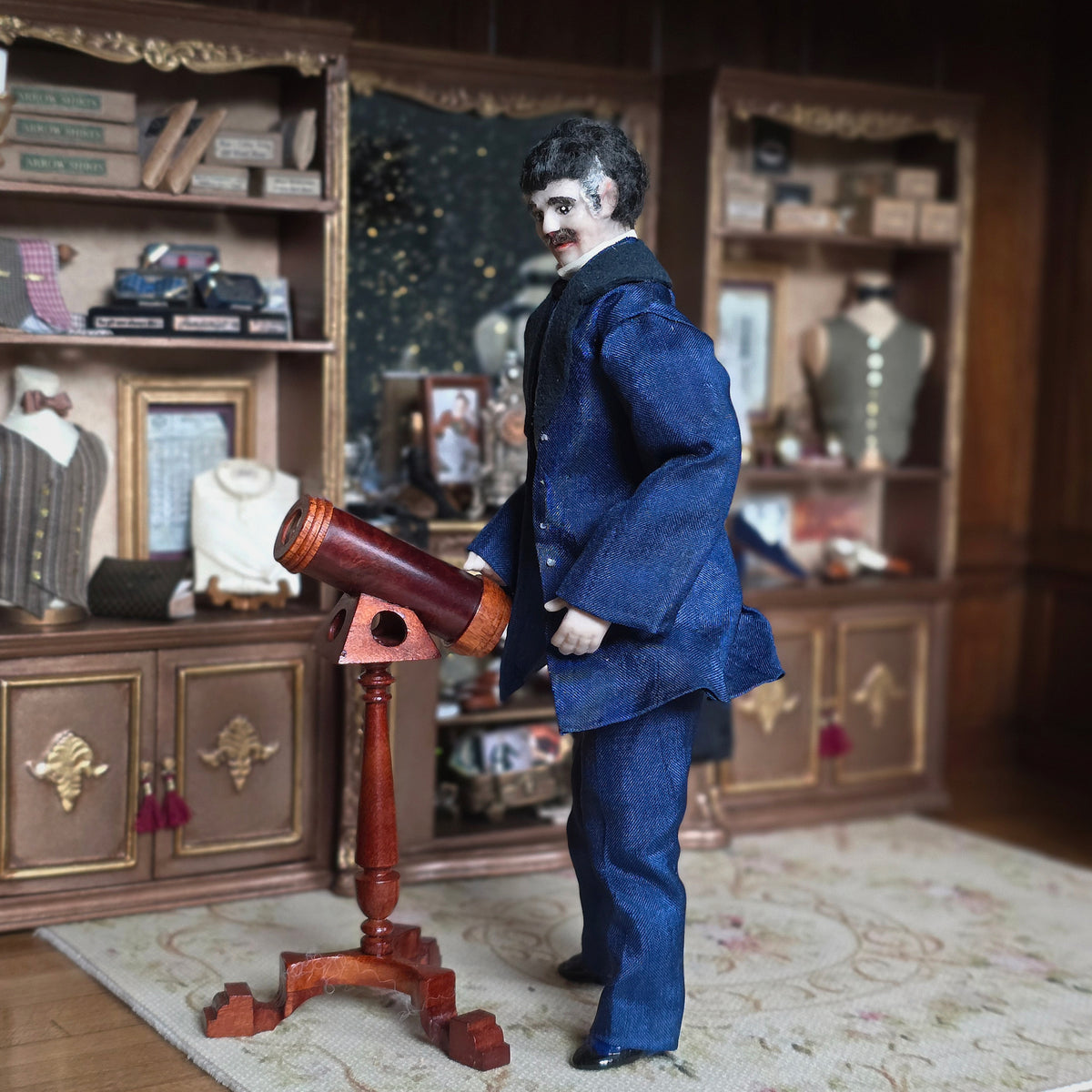 Porcelain Victorian Gentleman Doll in Deep Navy Frock Coat with Velvet Vest & Silk Tie