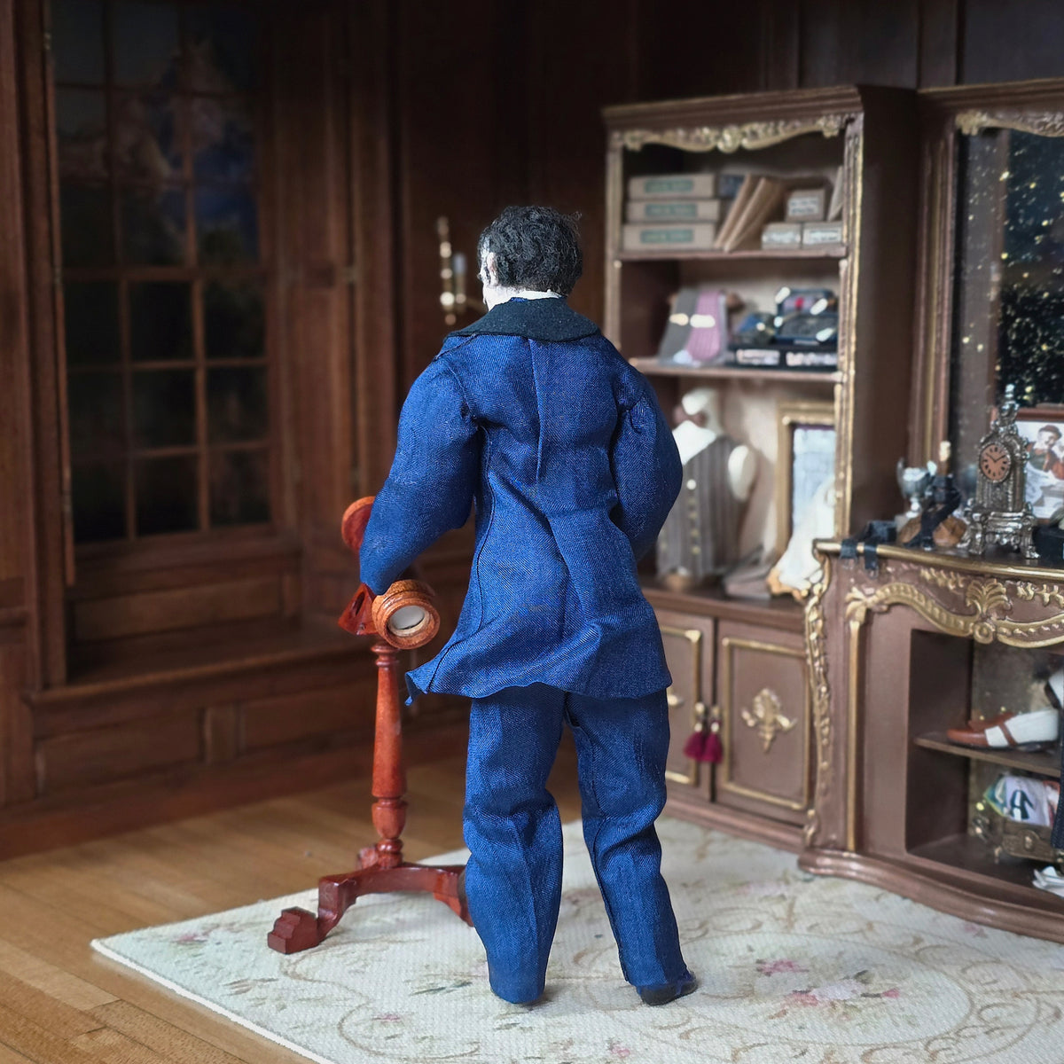 Porcelain Victorian Gentleman Doll in Deep Navy Frock Coat with Velvet Vest & Silk Tie