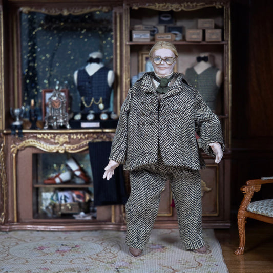 Porcelain Gentleman Doll in Grey Herringbone Wool Suit with Round Glasses & Green Cravat