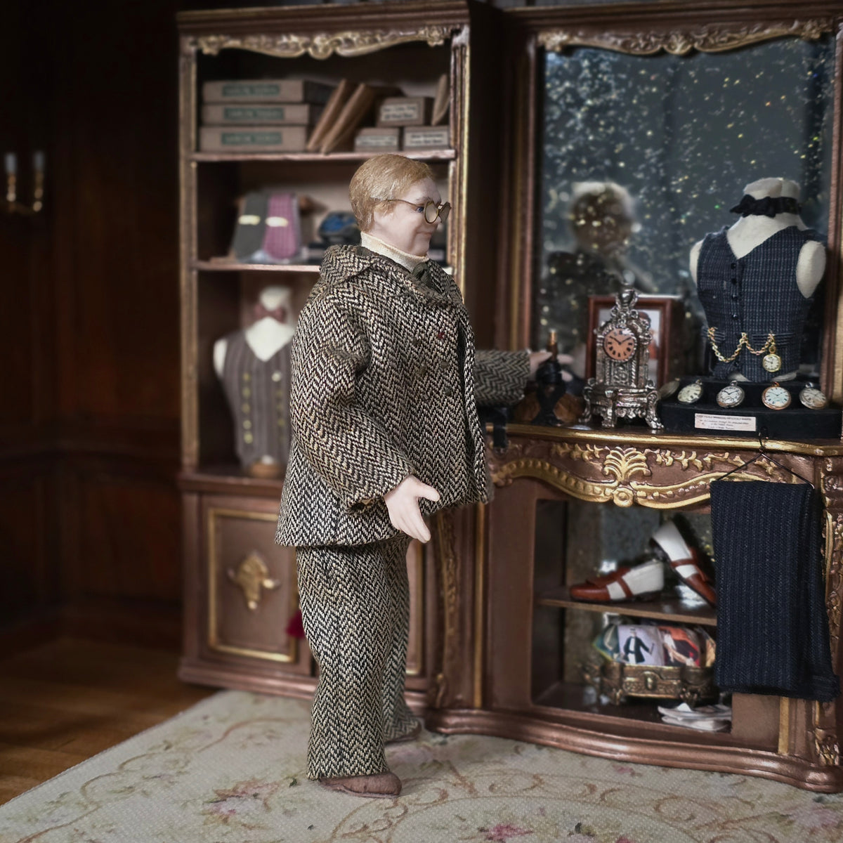 Porcelain Gentleman Doll in Grey Herringbone Wool Suit with Round Glasses & Green Cravat
