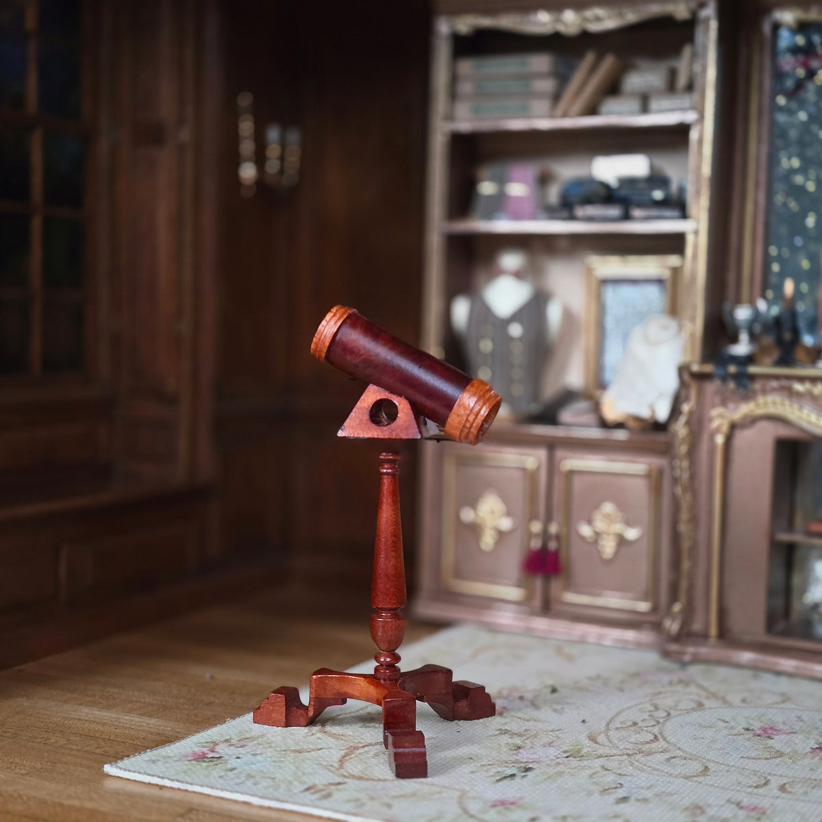 RESERVED for Kathryn Yuna Gilbert “Gil” Mena Wood Telescope on Turned Pedestal with Glass & Brass Details