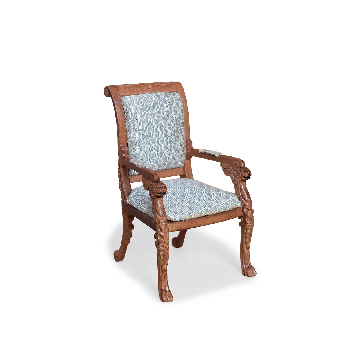 1:12 Artisan Carved Wood Armchair with Silvery Ivory Basket-Weave Silk Upholstery